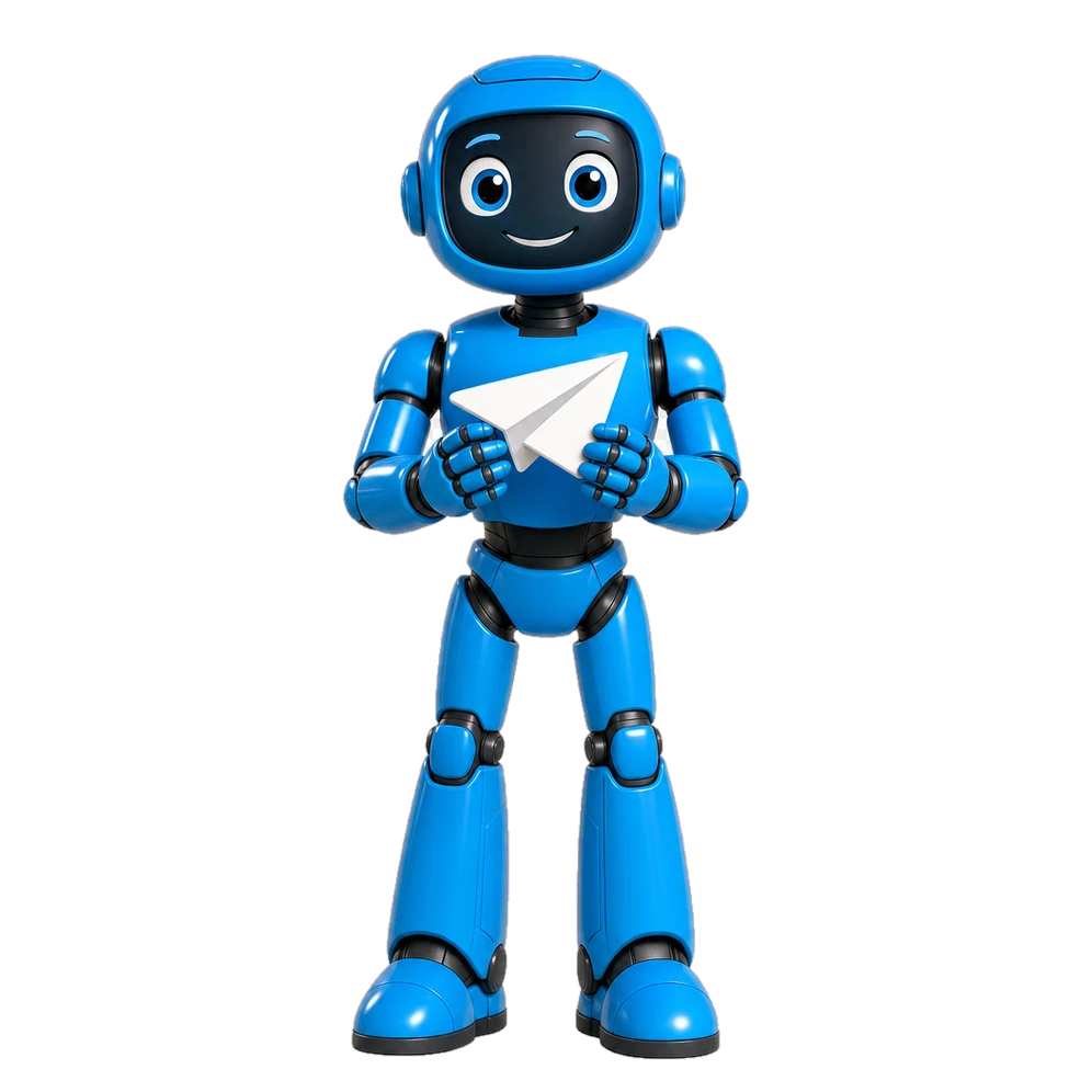 Telegram action character — a Pixar-style robot representing the telegram link action