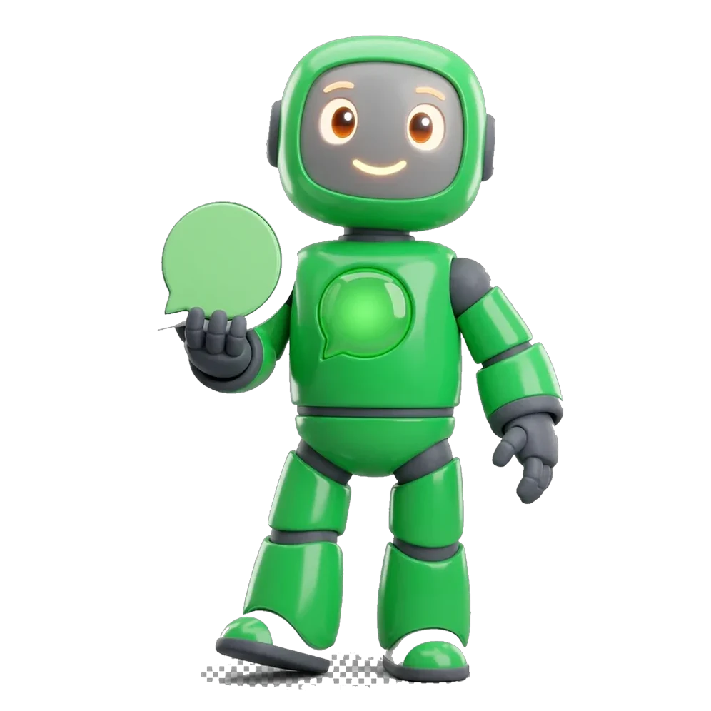 WhatsApp action character — a Pixar-style robot representing the whatsapp link action
