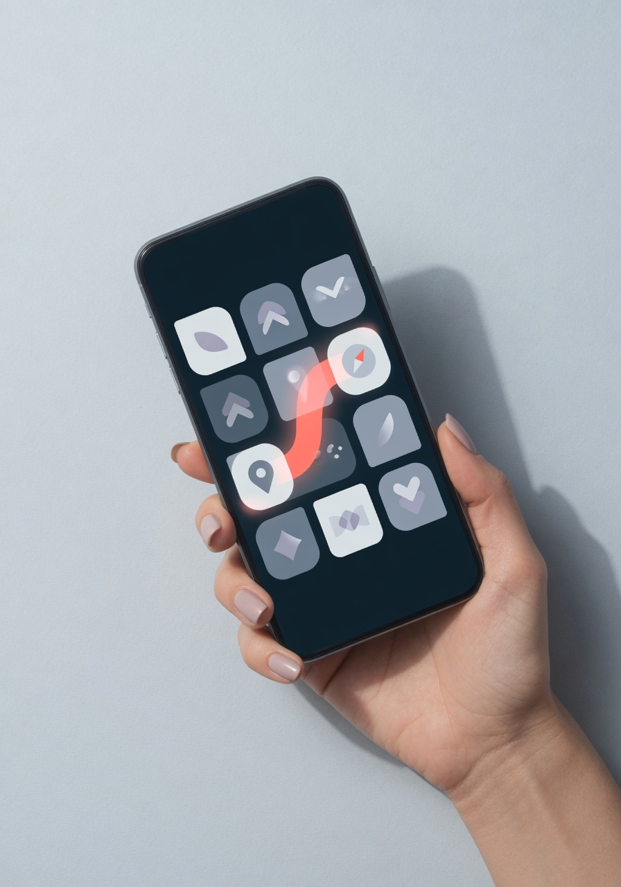 A phone showing a destination card with motion-blur as one action icon morphs into another